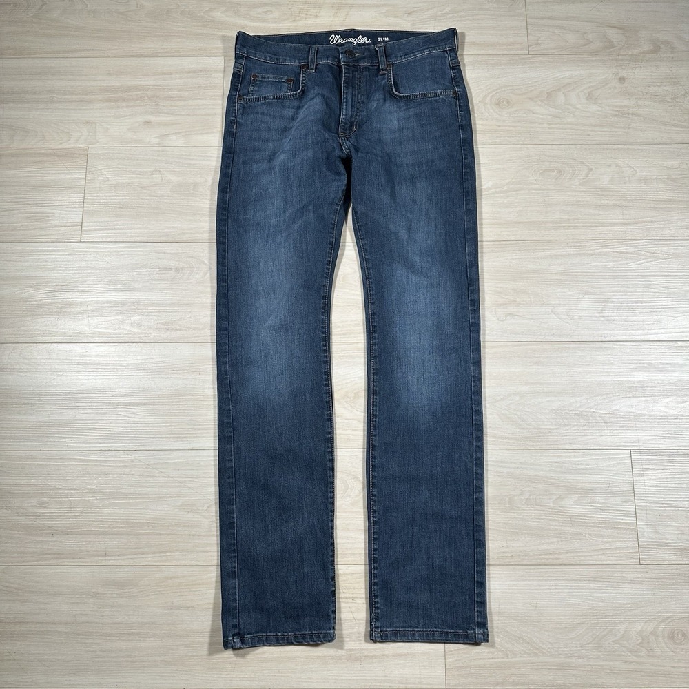 Wrangler Retro Jeans Mens 32x34 Dark Blue Denim Patch Slim Fit Bootcut 87MWMSD